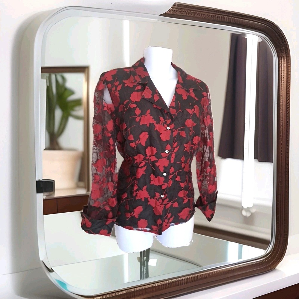 Dressbarn Blouse 1X Black Red Floral Burnout Button Down Long Sheer Sleeve Cuffs